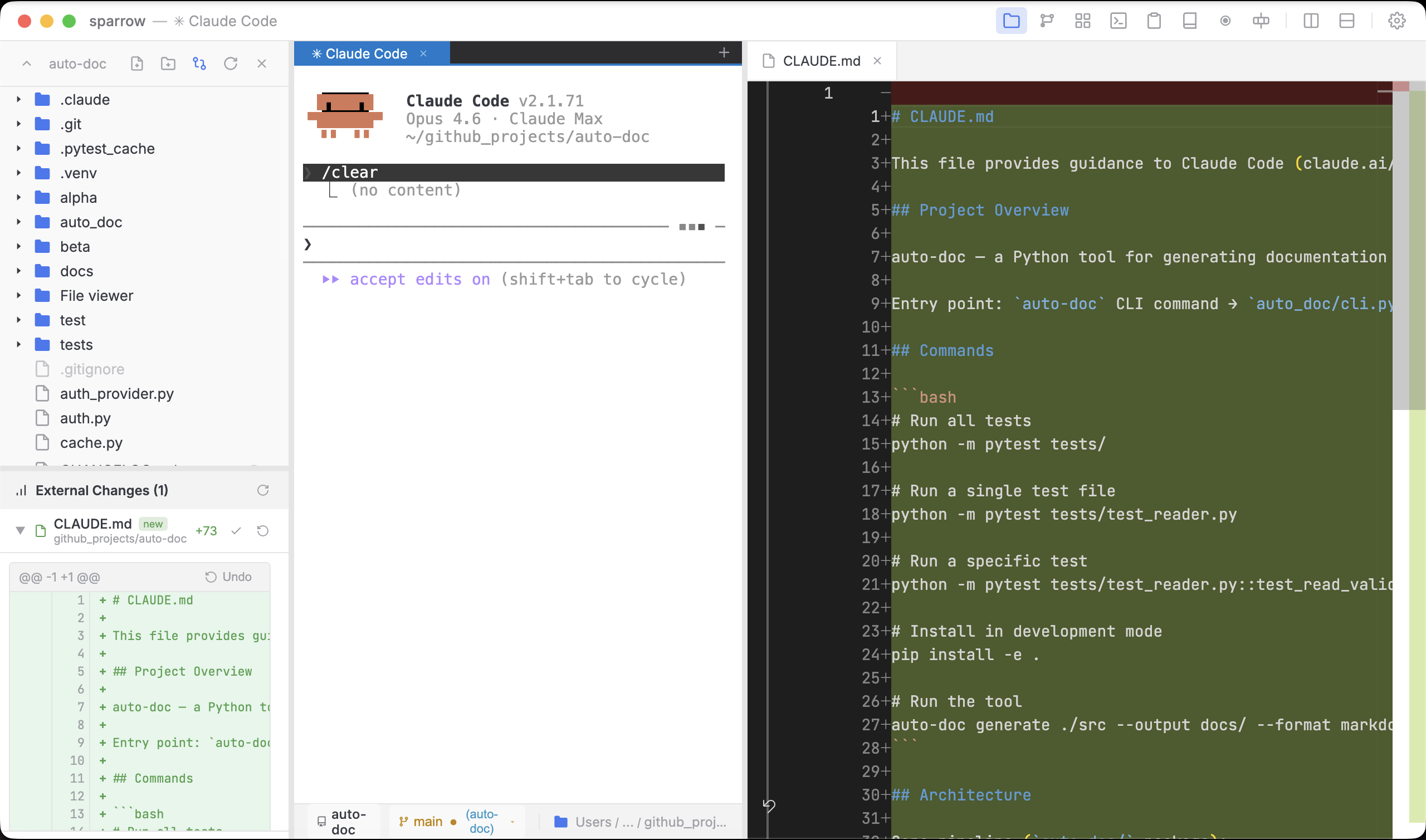 Sparrow file explorer with inline diff view